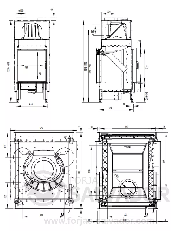 Plano de medidas Austroflamm 45x51K II Doble cara Abatible