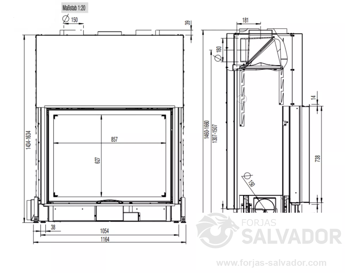 Plano de medidas Austroflamm 97X74S 2.0 Frontal Guillotina 