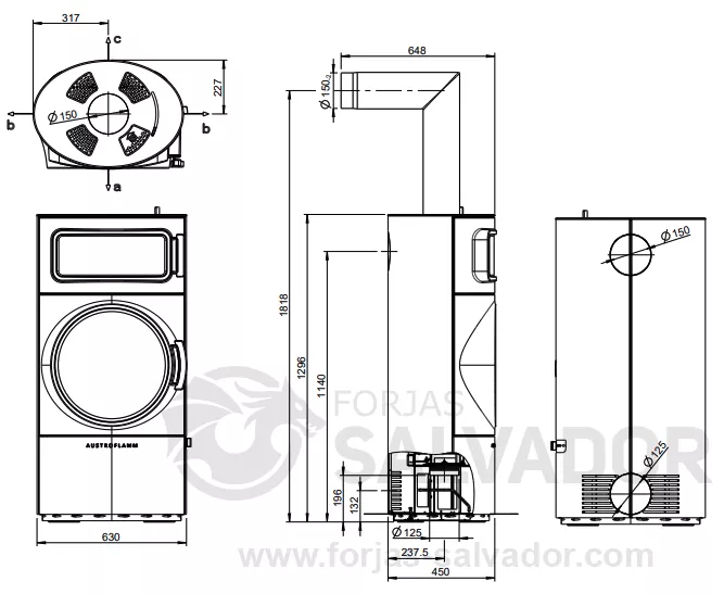 Plano de medidas Austroflamm Clou Xtra Back con horno