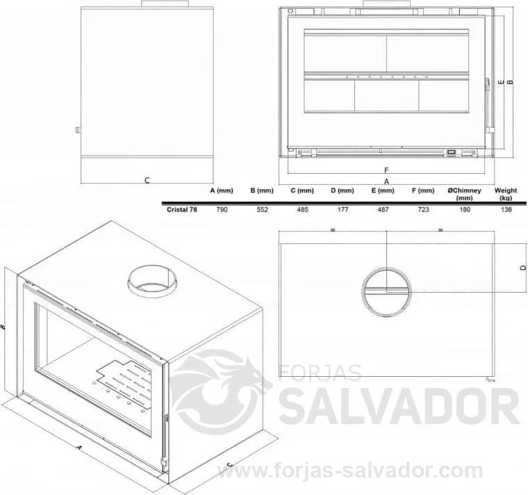 Plano de medidas Chama Estufa Cristal 78 Fundición 