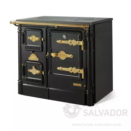 Cocina de leña Hergom L-07/90 CH con horno de acero inoxidable y encimera de hierro fundido.