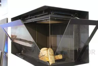 Chimenea esquinera Argento 660 con puerta guillotina y apertura rápida para limpieza