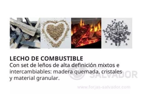 Con set de leños de alta gama: Madera quemada, cristales y material granular