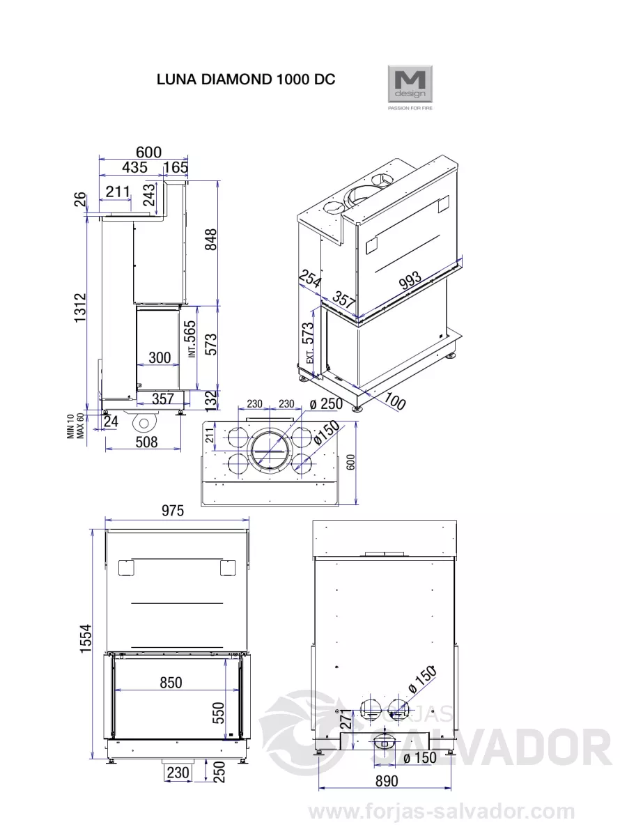 Plano de medidas Luna Diamond 1000 DC (Frontal y dos laterales)