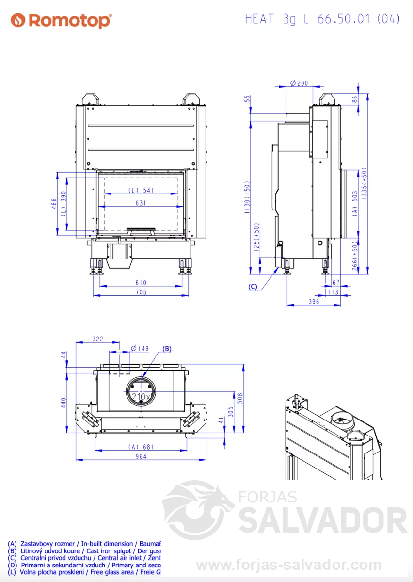 Plano de medidas Romotop Heat 66.50 Frontal interior negro