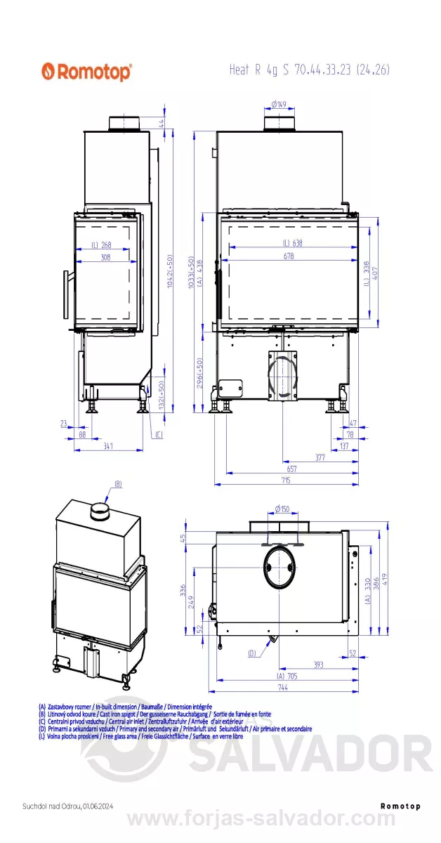 Plano de medidas Romotop Heat 70.44.33 Esquinero interior oscuro