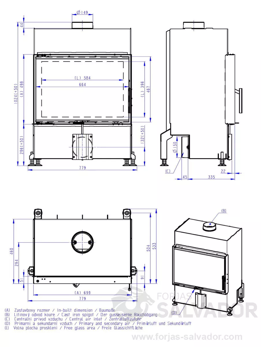 Plano de medidas Romotop Heat 70.50 Frontal interior negro