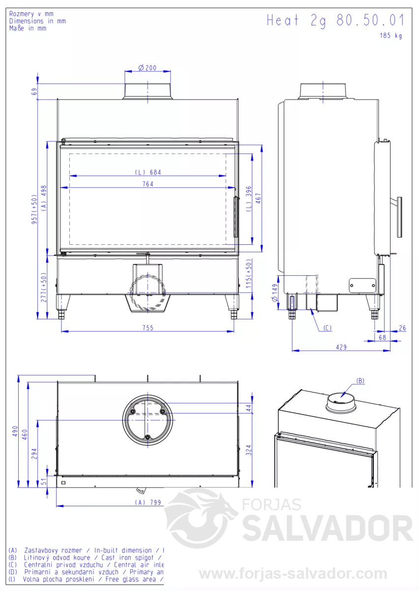 Plano de medidas Romotop Heat 80.50 Frontal interior negro