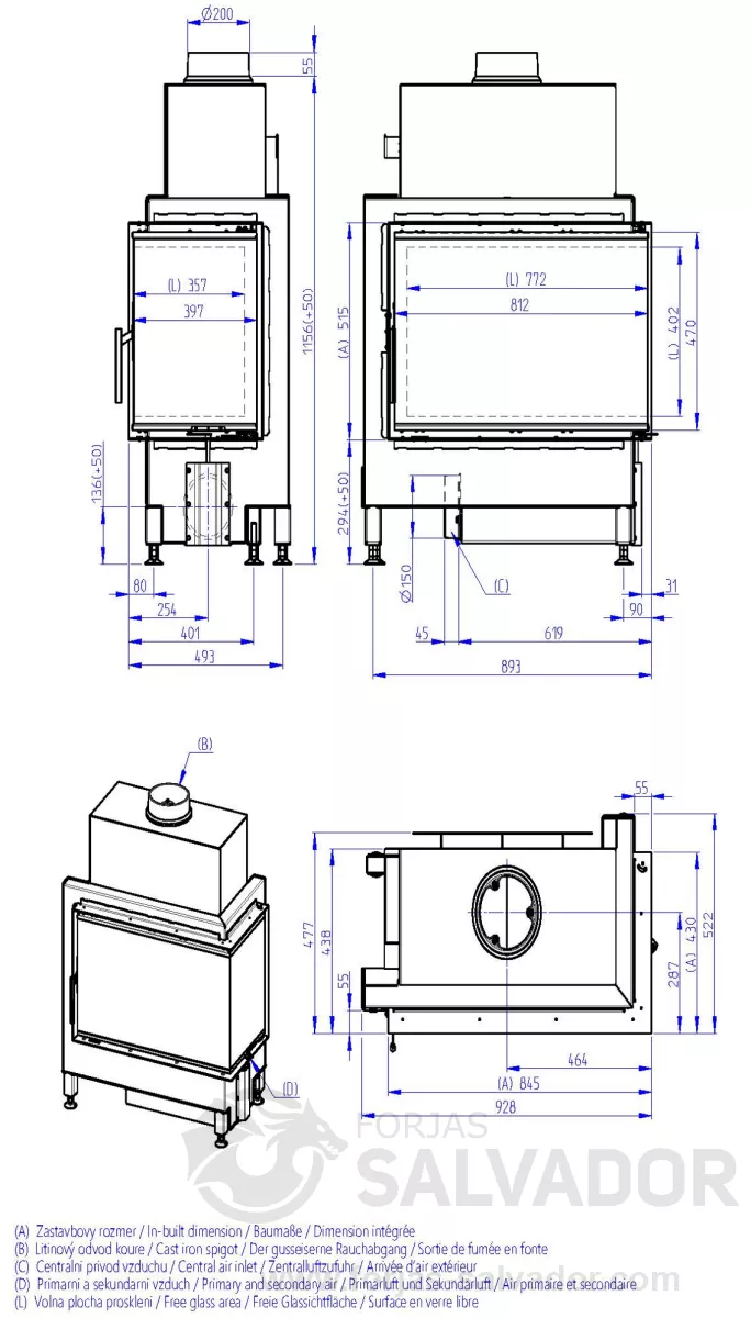 Plano de medidas Romotop Heat 81.50.40 Esquinero interior negro