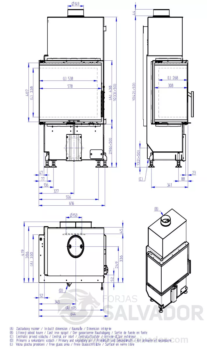 Plano de medidas Romotop Heat E2 60.44.33 Esquinero interior negro